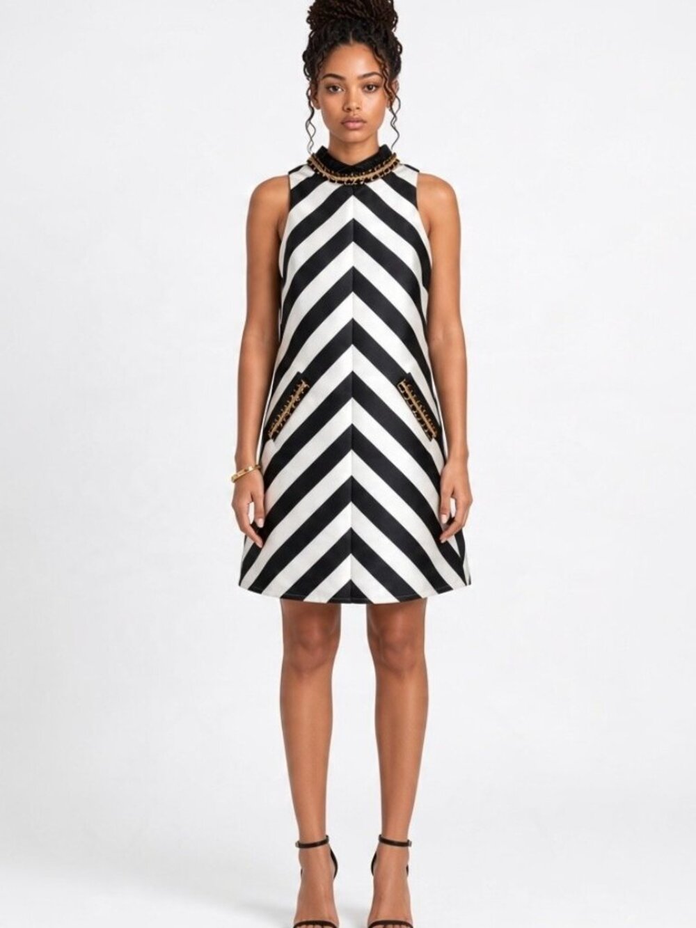 Mac Duggal Party Cocktail Sleeveless A-Line Mini Dress Black White Chevron sz 4